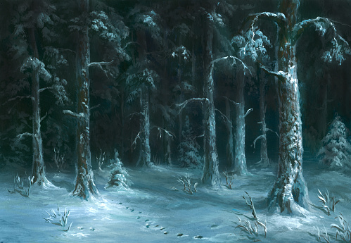 Oil painted winter forest