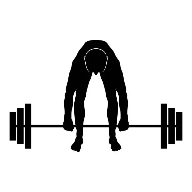 Vector illustration of Muscular man weightlifter doing raising the barbell Sportsman raising weights silhouette icon black color illustration