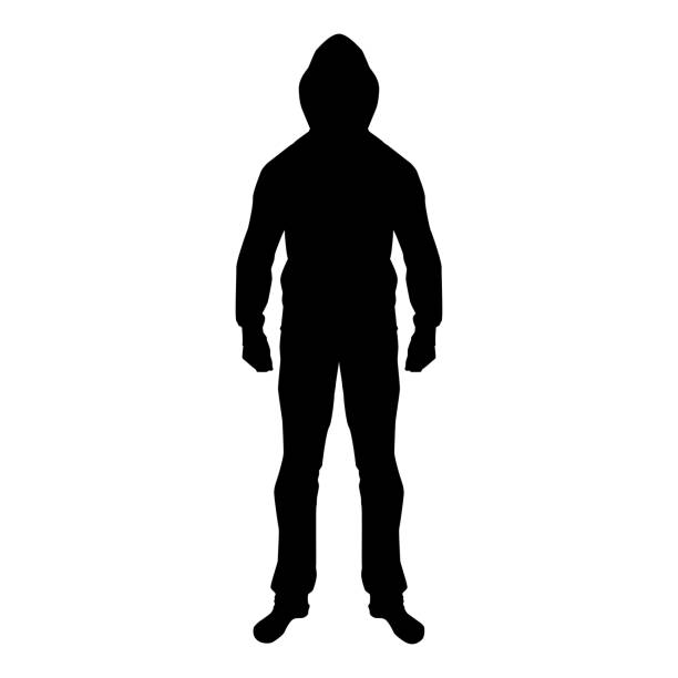 illustrations, cliparts, dessins animés et icônes de homme dans l’illustration hotte concept danger silhouette frontal icône noir couleur - capuche