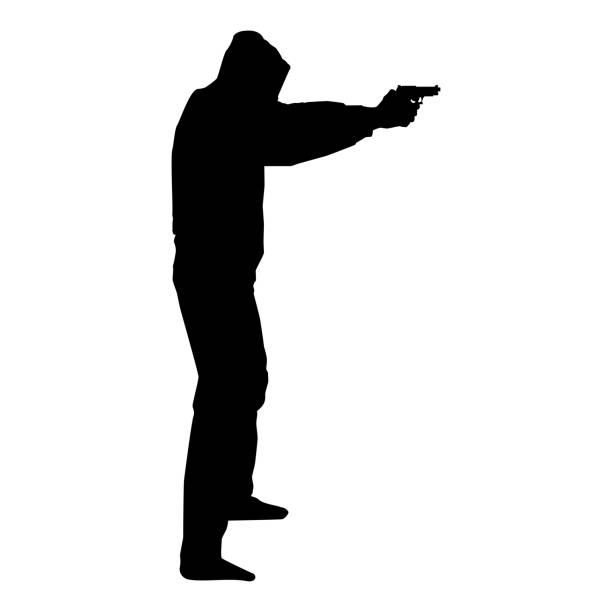 Man in the hood with gun Concept danger outstretched arms icon black color illustration Man in the hood with gun Concept danger outstretched arms icon black color vector illustration flat style simple image gunman stock illustrations