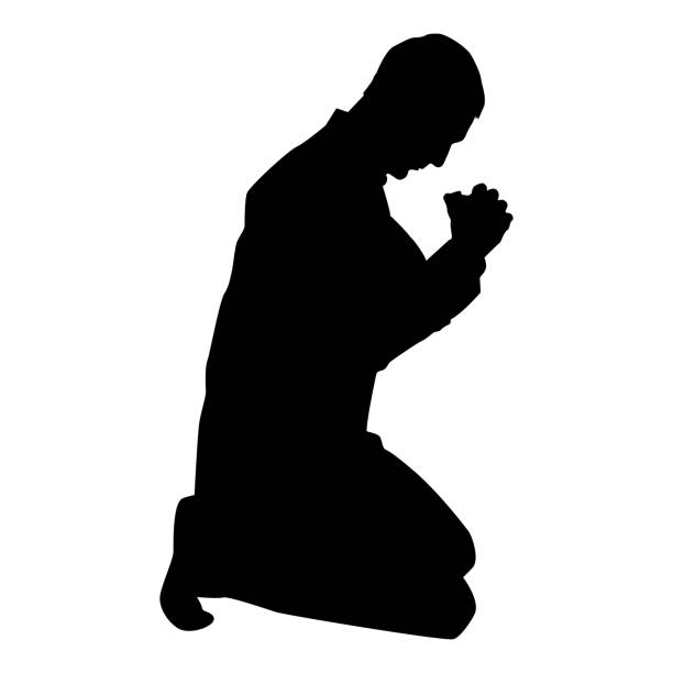 mann zu beten, auf seinen knien silhouette symbol schwarz farbe abbildung - praying men god kneeling stock-grafiken, -clipart, -cartoons und -symbole