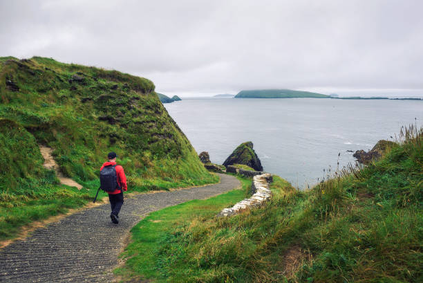 giovane cammina lungo il sentiero circondato dal paesaggio irlandese - kerry coast foto e immagini stock