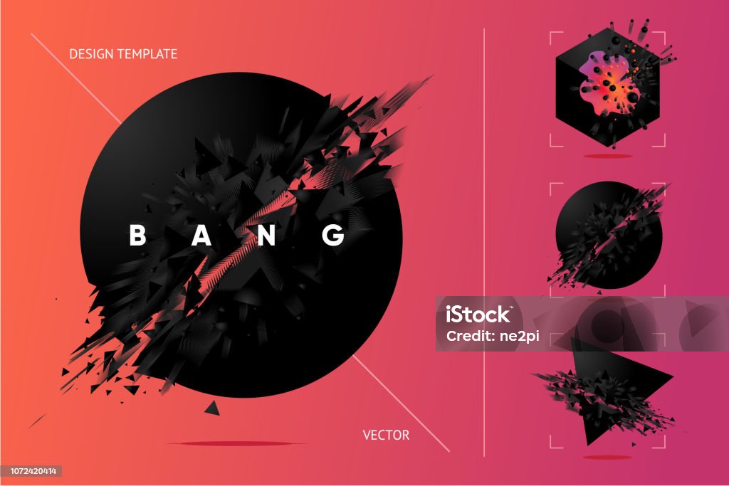 Abstract explosion shapes set with black particles. Abstract explosion shapes set with black particles. Bang futuristic design elements collection. Design templates. Exploding stock vector