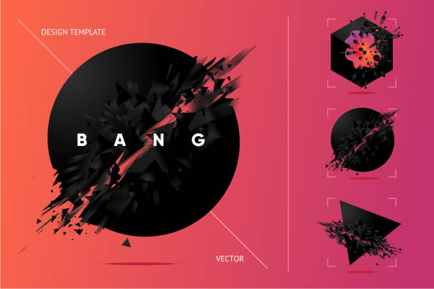 Abstract explosion shapes set with black particles. Abstract explosion shapes set with black particles. Bang futuristic design elements collection. Design templates. polygon textures stock illustrations