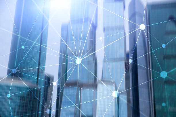 istock Blockchain network on blurred skyscrapers background. Financial technology and communication concept. 1072425588