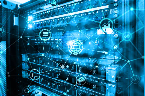 istock ICT - information and telecommunication technology and IOT - internet of things concepts. Diagrams with icons on server room backgrounds. 1072428052