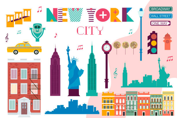 뉴욕 명소의 집합입니다. 편집 가능한 벡터 일러스트 레이 션 - new york city skyline new york state freedom stock illustrations