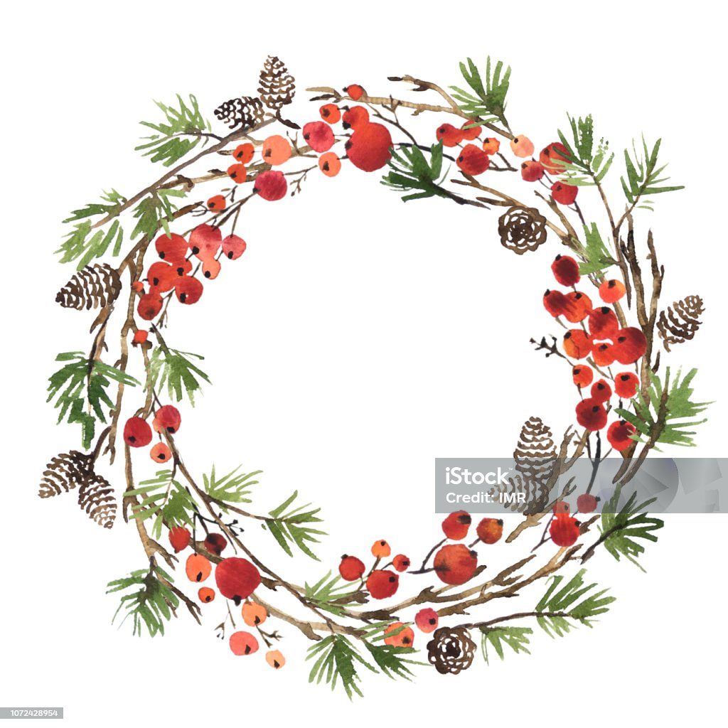 Acuarela Navidad guirnalda de ramas de abeto, piñas y bayas de acebo - Ilustración de stock de Navidad libre de derechos