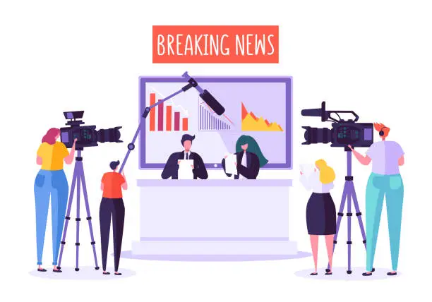 Vector illustration of Breaking news tv studio, mass media. Professional journalists characters reading urgent news. TV studio with video cameras, microphones, cameramen and assistants. Live news show. Vector illustration