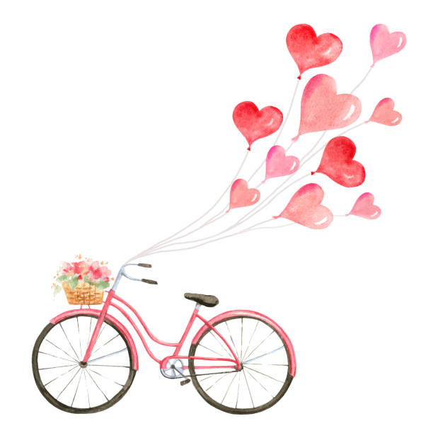 Happy Valentines day watercolor vector illustration. Happy Valentines day. Watercolor vector card with a bicycle and flying balloons in the form of hearts. Hand drawn illustration for Mothers Day or Womens Day, greeting cards, invitations. watercolor heart stock illustrations