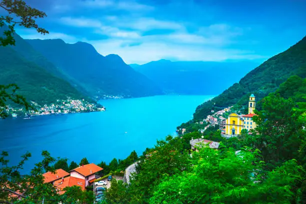 Photo of Pognana Lario and Torriggia village, Como Lake district landscape. Italy, Europe.