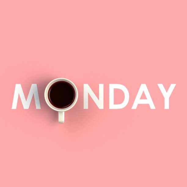 一杯咖啡的頂部視圖以週一的形式孤立在粉紅色的背景, 咖啡概念例證, 3d 渲染 - 星期一 插圖 個照片及圖片檔