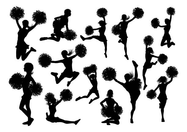 ilustrações de stock, clip art, desenhos animados e ícones de silhouette cheerleaders - white background clip art american culture black