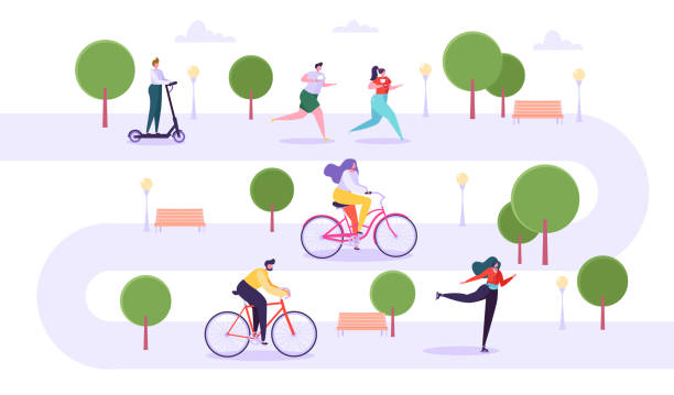 Leisure Outdoor Activities Concept. Active Characters Running in Park, Man and Woman Riding Bicycle, Girl Roller Skating, Guy on Kick Scooter. Vector Illustration Leisure Outdoor Activities Concept. Active Characters Running in Park, Man and Woman Riding Bicycle, Girl Roller Skating, Guy on Kick Scooter. Vector Illustration push scooter illustrations stock illustrations