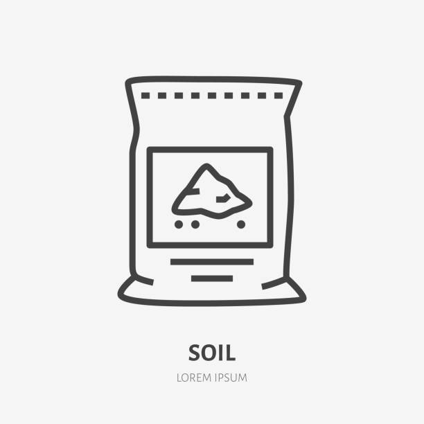 Plants soil in bag flat line icon. Vector thin sign of ground pachage, cement pack. Fertilizer illustration Plants soil in bag flat line icon. Vector thin sign of ground pachage, cement pack. Fertilizer illustration. fertilizer icon stock illustrations