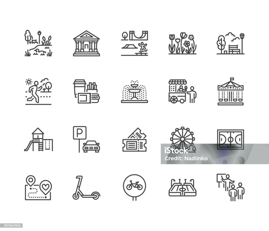 Park flat line icons set. Botanical garden, carousel, ferris wheel, museum, excursion, pond, street food, fountain vector illustrations. Thin signs for outdoors. Pixel perfect 64x64 Editable Strokes Park flat line icons set. Botanical garden, carousel, ferris wheel, museum, excursion, pond, street food, fountain vector illustrations. Thin signs for outdoors. Pixel perfect 64x64. Editable Strokes Icon Symbol stock vector