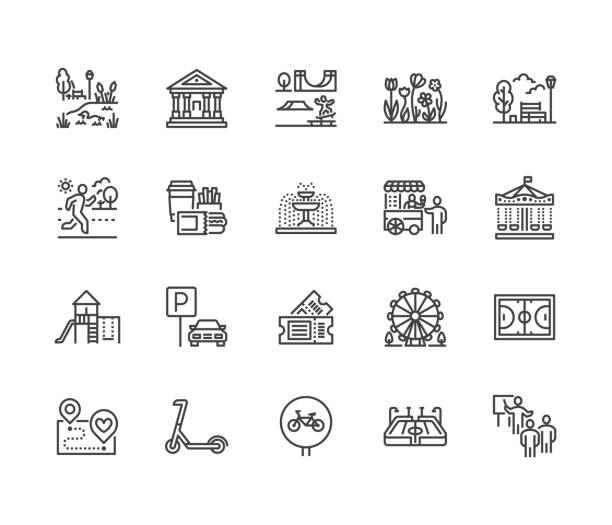 Park flat line icons set. Botanical garden, carousel, ferris wheel, museum, excursion, pond, street food, fountain vector illustrations. Thin signs for outdoors. Pixel perfect 64x64 Editable Strokes Park flat line icons set. Botanical garden, carousel, ferris wheel, museum, excursion, pond, street food, fountain vector illustrations. Thin signs for outdoors. Pixel perfect 64x64. Editable Strokes cityscape symbols stock illustrations