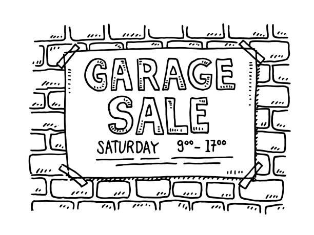 гараж продажа знак плакат на кирпичной стене рисунок - garage sale sale poster sign stock illustrations