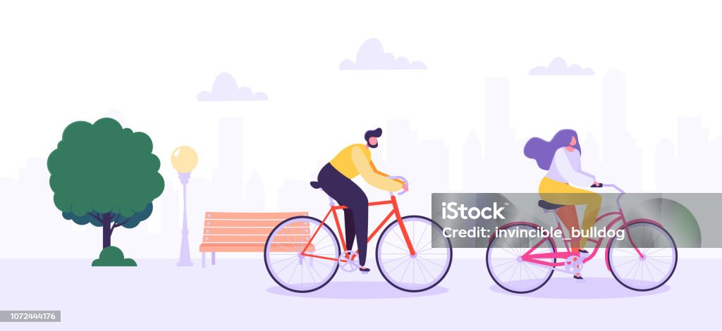 Man and Woman Characters Riding Bicycle in the City Background. Active People Enjoying Bike Ride in the Park. Healthy Lifestyle, Eco Transportation. Vector Illustration Cycling stock vector