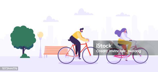 Man And Woman Characters Riding Bicycle In The City Background Active People Enjoying Bike Ride In The Park Healthy Lifestyle Eco Transportation Vector Illustration Stock Illustration - Download Image Now