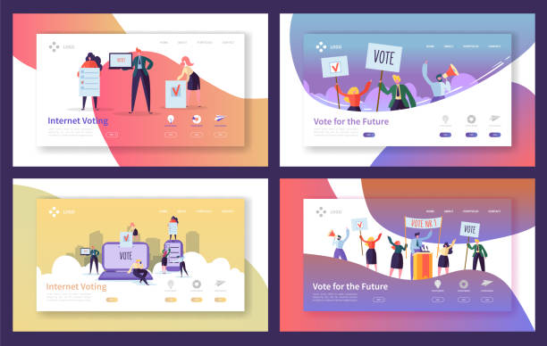 ilustrações de stock, clip art, desenhos animados e ícones de voting elections landing page template set. business people characters internet voting, political meeting concept for website or web page. vector illustration - interface icons election voting usa