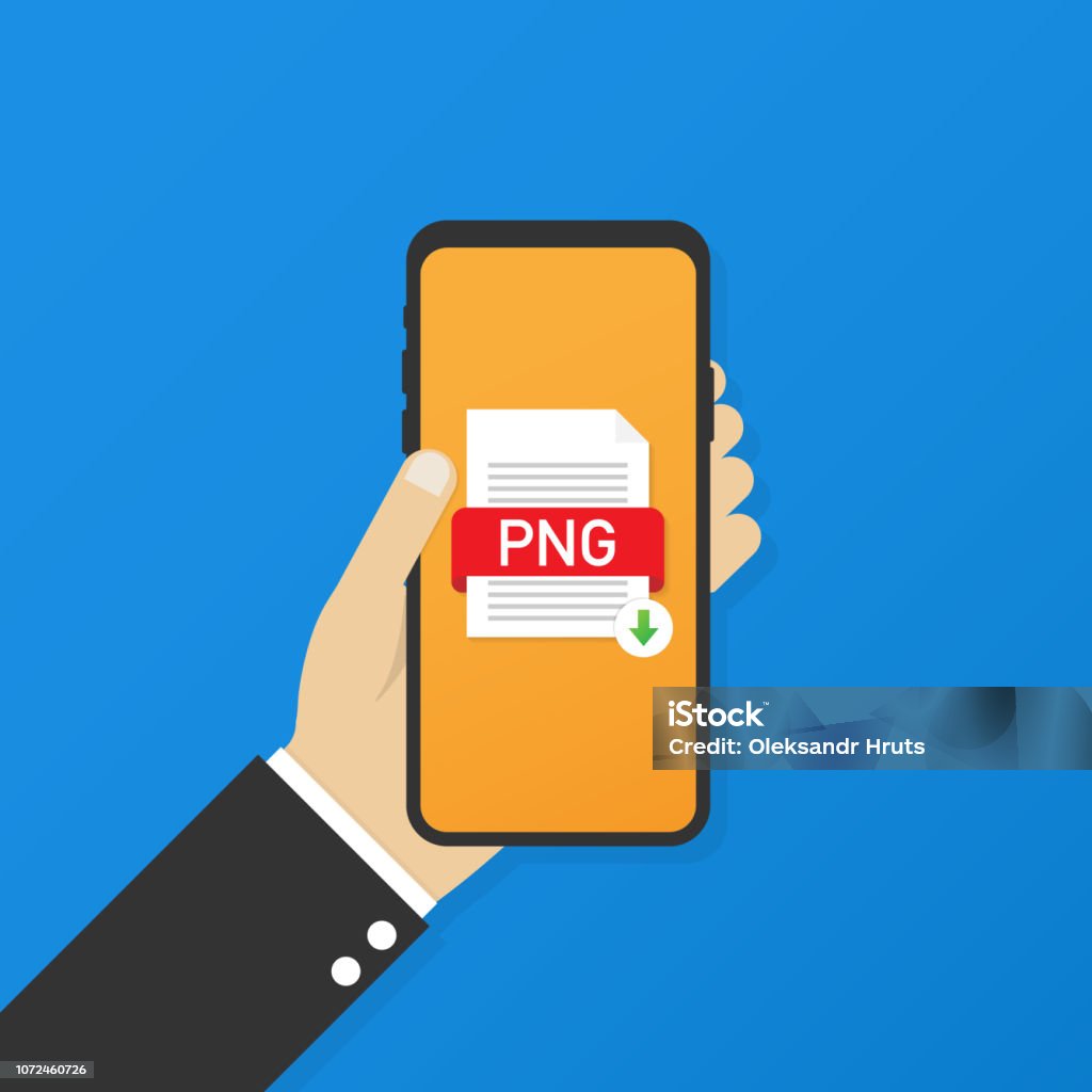 Download PNG button on smartphone screen. Downloading document concept. File with PNG label and down arrow sign. Vector stock illustration. Computer File stock vector