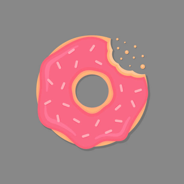 핑크 장식 및 뿌리의 물린된 도넛 만화 도넛입니다. 벡터 도넛 아이콘입니다. - donut stock illustrations