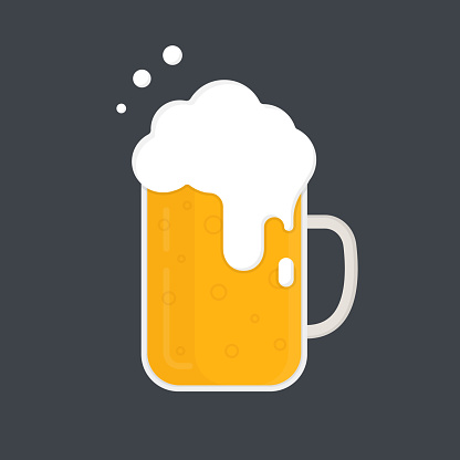 Mug of beer. Beer mug with a lot of foam. Vector icon isolated on dark background. Flat design.