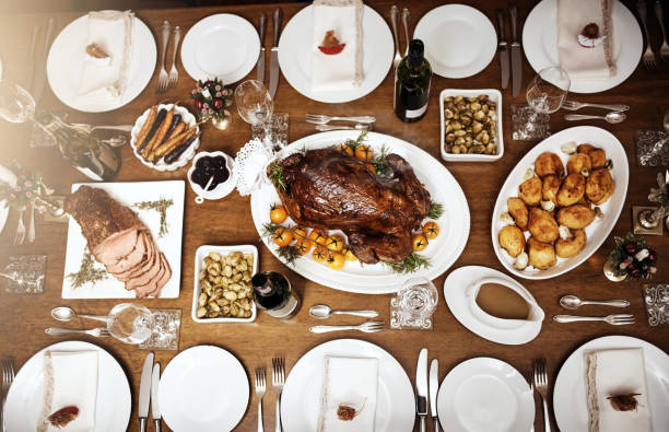 High angle shot of a feast on a table at Christmas