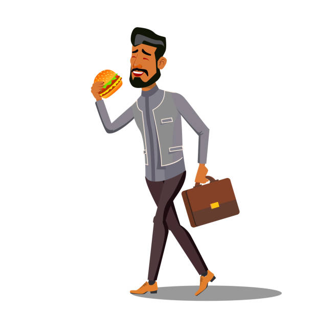 illustrazioni stock, clip art, cartoni animati e icone di tendenza di fast food, uomo d'affari che mangia hamburger vector. illustrazione di cartoni animati isolata - man eating