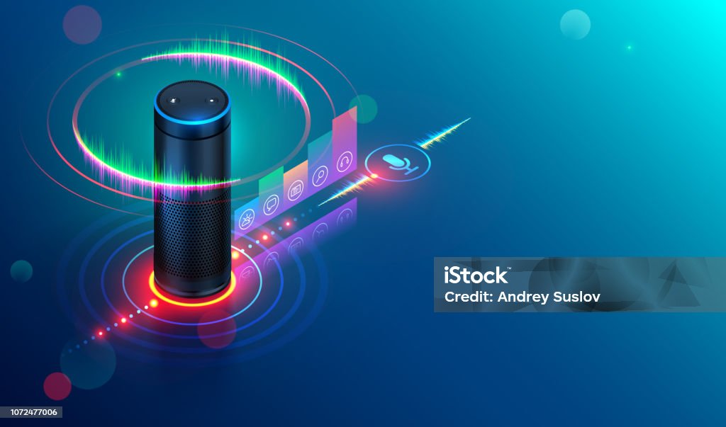 Smart speaker. IOT Smart speaker recognitions voice commands and controls devices of smart home. Personal voice assistant connected with internet of things says about status house automation equipment. Voice stock vector