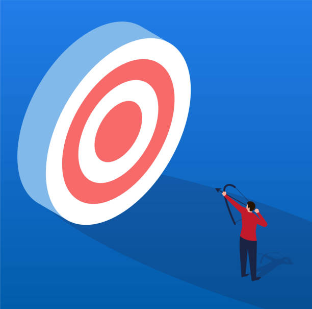 ilustrações de stock, clip art, desenhos animados e ícones de businessman uses bow and arrow to aim at bulls eye - target sport target target shooting bulls eye