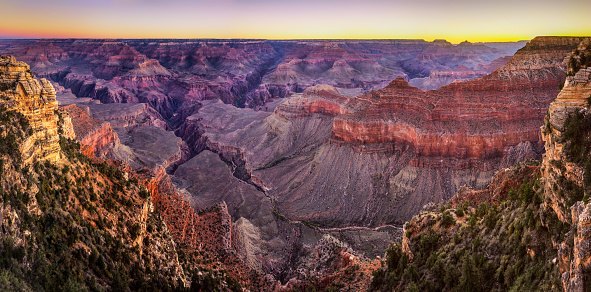 High resolution panoramic view of Grand Canyon National Park at sunrise from near Mather Point in South Rim. Arizona. USA