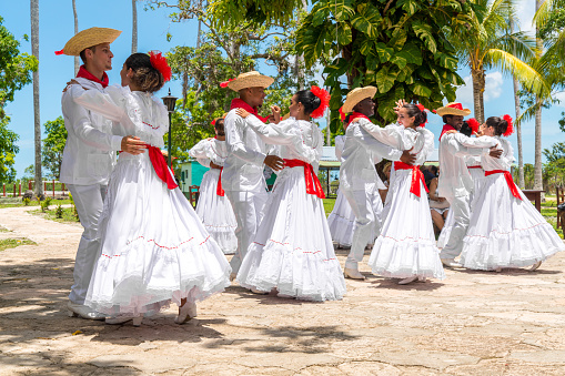 Dancers dancing son jarocho la bamba folk dance. Cuba, spring 2018
