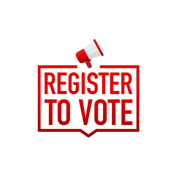 ilustraciones, imágenes clip art, dibujos animados e iconos de stock de mano sosteniendo el megáfono con registrarse para votar. ilustración de vector. - voter registration