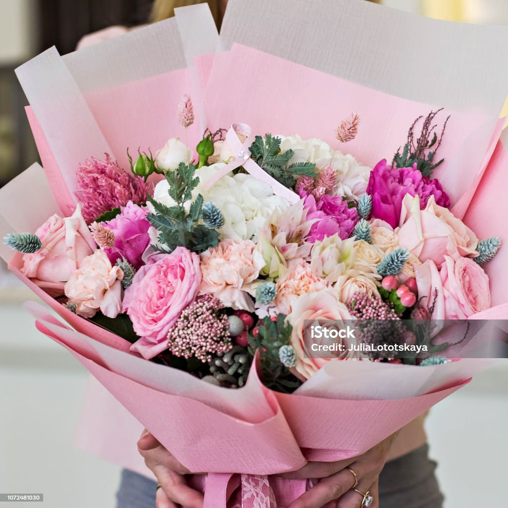 Beautiful Bouquet In Pink Wrapping Paper Roses And Other Delicate ...
