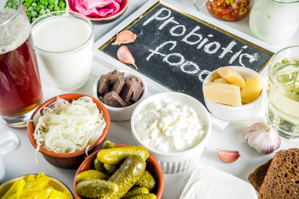 Super Healthy Probiotic Fermented Food Sources Super Healthy Probiotic Fermented Food Sources, drinks, ingredients, on white marble background copy space top view prebiotic probiotic stock pictures, royalty-free photos & images