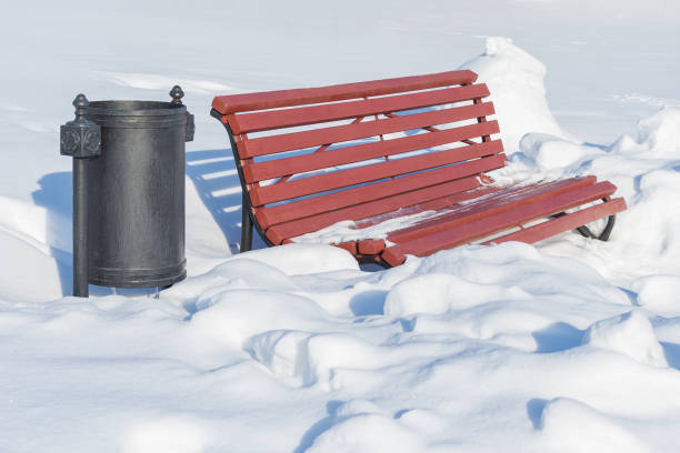 istock Wooden bench and a trash can in the snow-covered park 1072487242