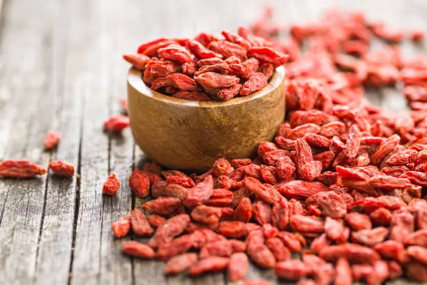 Dried goji berries in bowl on wooden background.