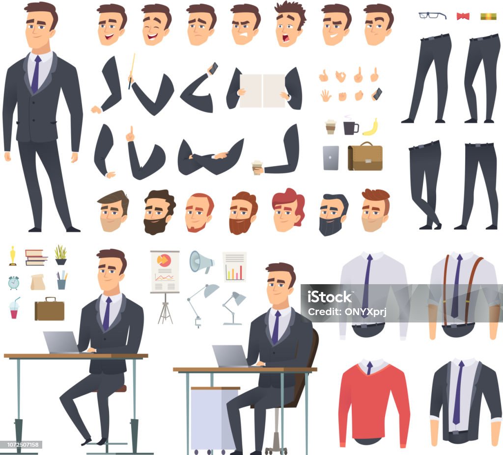 Kit di creazione manager. Uomo d'affari ufficio braccia vestiti e oggetti vettoriale maschile personaggio animazione progetto - arte vettoriale royalty-free di Personaggio