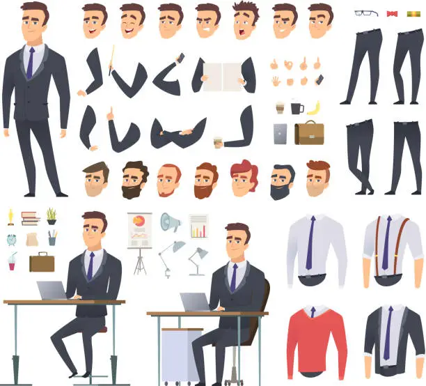 Vector illustration of Manager creation kit. Businessman office person arms hands clothes and items vector male character animation project