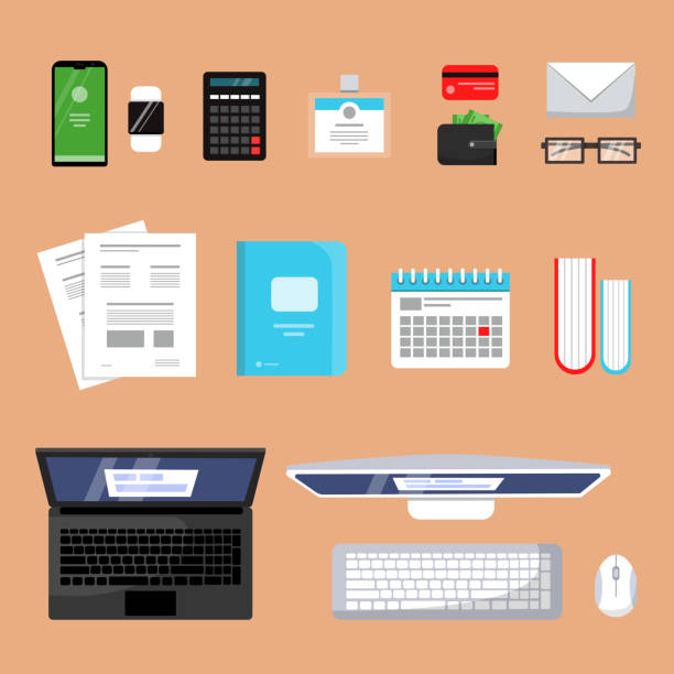 ilustrações de stock, clip art, desenhos animados e ícones de business top view. finance topping stuff office organization items laptop books paper workspace vector flat pictures - personal organizer telephone group of objects diary