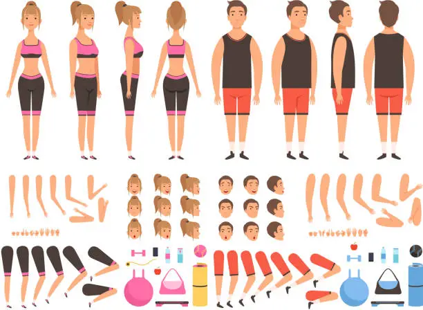 Vector illustration of Sport people animation. Fitness male and female workout mascots body parts vector creation kit