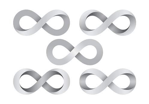 Set of Infinity signs made of different types of torsion. Mobius strip symbols. Vector illustration isolated on a white background.