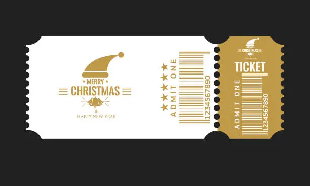 Vector illustration of Christmas or New Year party ticket card design template. Vector Illustraton. White and golden color.