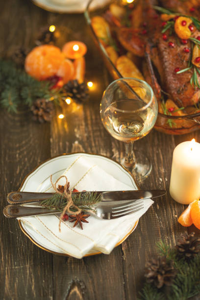 istock Festive Christmas table setting, happy new year and christmas 1072510744