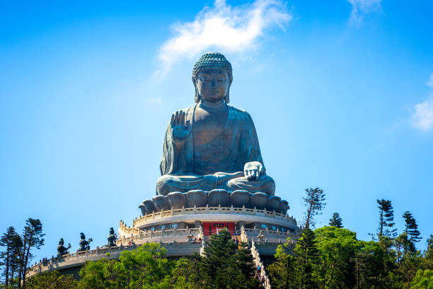 Hong Kong, April 2023 : Low angle view of the newly renovated Tian Tan Buddha or Big Buddha in Ngong ping, Hong Kong