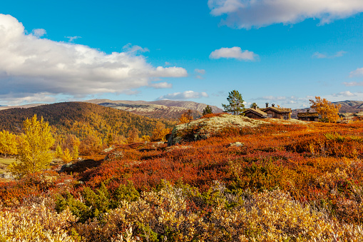 Kampesetrene in Rondane National Park  with cottages and summer farms. View to Mysuseter.
