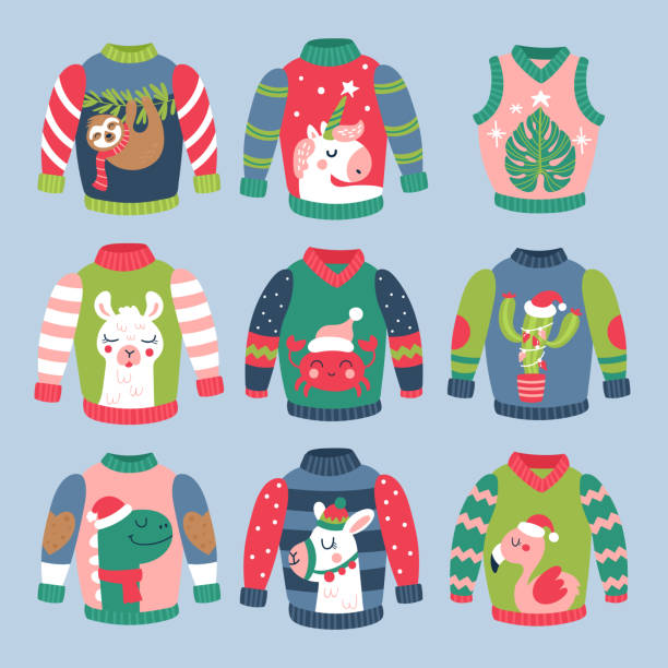 Christmas holiday cute ugly sweater elements set Christmas holiday cute ugly sweater elements set. Childish print for cards, stickers, apparel and nursery decoration. Vector Illustration ugly cartoon characters stock illustrations