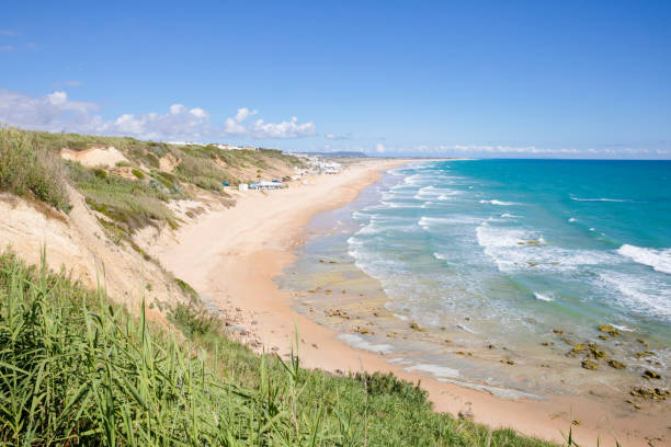 beaches Roque and Fontanilla of Conil from the top in Cadiz stock photo